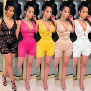 Sexy deep V-neck lace romper detail showing multiple gorgeous color variants for women fashion.