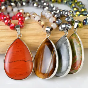 Bohemian teardrop natural stone pendant necklace crystal beaded long sweater chain detail