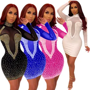 Sexy mesh rhinestone bodycon long sleeve mini dress party club wear multi color