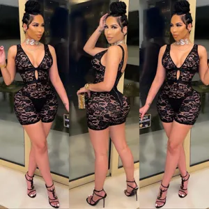 Sexy V-neck black lace romper for women sleeveless clubwear bodycon party jumpsuit