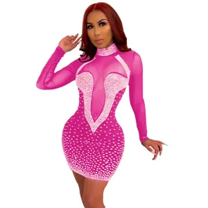 Sexy rhinestone mesh long sleeve mini dress for women night club party wear elegant outfit