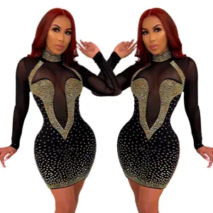Sexy women long sleeve sheer mesh rhinestone club dress black bodycon mini party dress
