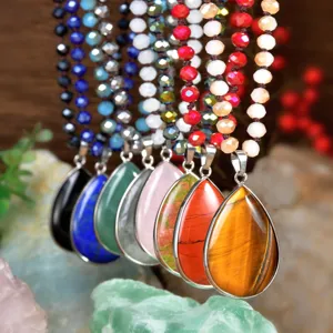 Bohemian Teardrop Natural Stone Pendant Necklace Long Crystal Knotted Sweater Chain For Women Vintage Jewelry Birthday Gift