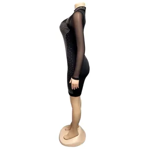 Sexy black mesh rhinestone long sleeve bodycon dress side view, evening party wear.