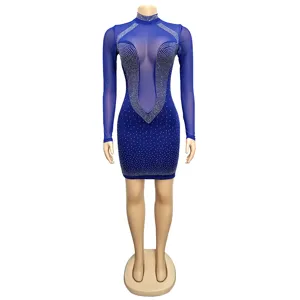 Blue rhinestone sheer mesh long sleeve bodycon party dress for women sexy clubwear apparel.