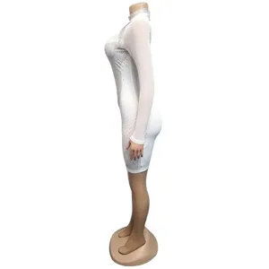 Sexy white mesh rhinestone long sleeve bodycon mini dress for club party nighttime wear.