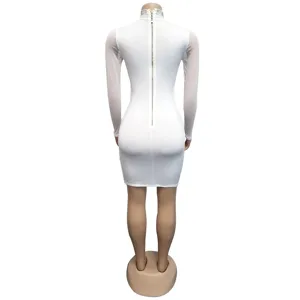 Sexy rhinestone mesh long sleeve club dress back zipper white dress detail view