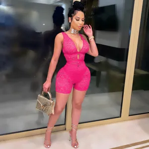 Hot pink lace V-neck romper jumpsuit for women, sexy sleeveless nightclub party wear outfit.