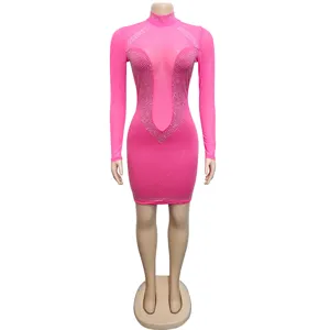 Women sexy rhinestone mesh long sleeve mini dress clubwear bodycon outfit style