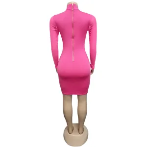 Back view detail of women pink long sleeve mesh dress with rhinestone mock neck metal zipper.