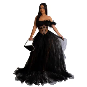 Detailed view of the elegant black evening gown featuring sheer corset details, feather accents and mesh.
