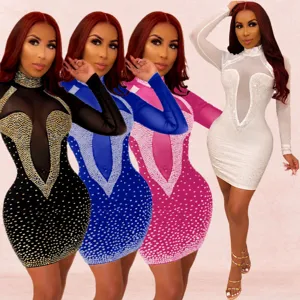 Women's Sexy Long Sleeve Rhinestone Mesh Bodycon Mini Dress High Neck Slim Fit Party Club Night Dress