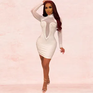 Stunning sexy rhinestone mesh long sleeve bodycon mini dress for women party club wear
