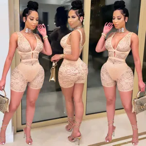 Sexy V-neck lace romper for women, elegant sheer floral lace clubwear jumpsuit with short pants.