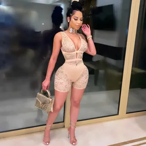 Sexy V-neck lace romper for women, stylish nightclub jumpsuit for party fashion wear.