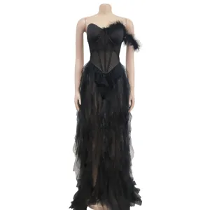Black strapless mesh maxi dress with feather detail, elegant evening party long gown.