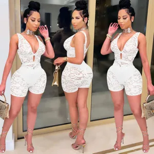 Sexy white lace romper for women, deep V-neck sleeveless clubwear jumpsuit for party fashion.