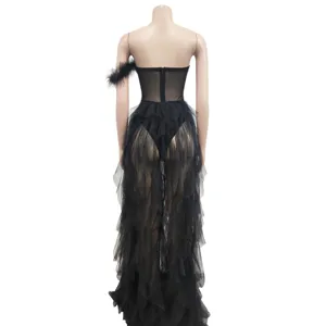 Solid color sleeveless strapless mesh long dress, elegant party evening maxi dress.