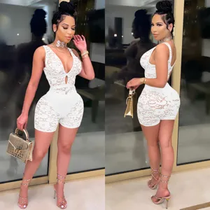 Sexy white lace romper for women, deep V-neck sleeveless clubwear jumpsuit for party.