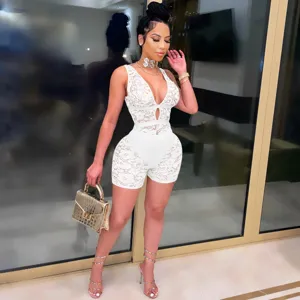 Sexy white lace deep V-neck sleeveless romper jumpsuit for women, stylish nightclub apparel.