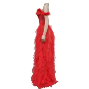 Red off-shoulder feather mesh long dress, elegant sleeveless strapless maxi dress for women.