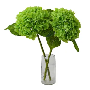 Artificial Green Hydrangea Flower Bouquet with Glass Vase for Home Table Decor Floral Arrangement