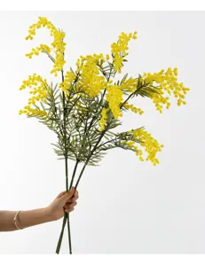Artificial mimosa branch yellow plush fake flower detail view for home decor