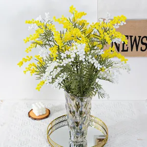 High-End Artificial Acacia Flowers Flocked Plastic Fake Plants Pastoral Style Home Wedding Party Decoration Floral Arranging Stems