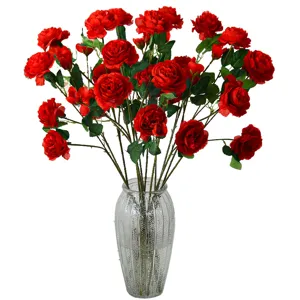 Artificial red peony flowers bouquet in glass vase for home wedding decoration and party