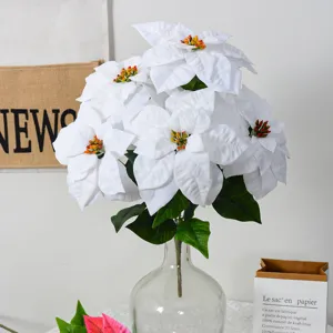 White Poinsettia Artificial Flowers Bouquet Silk Fake Flowers for Christmas Wedding Home Decor