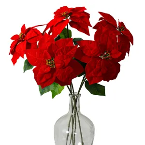 Artificial Red Poinsettia Velvet Flower Bouquet Christmas Home Holiday Party Decor