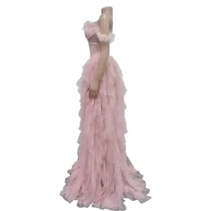 Pink off shoulder feather tulle long evening dress, elegant sleeveless mesh maxi party gown.