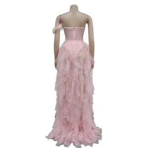 Pink strapless mesh long dress back view detail, elegant sleeveless evening party gown.
