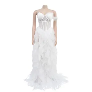 White sleeveless strapless corset mesh long dress with elegant feather detail for women.