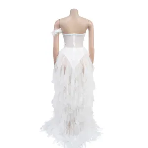 Back view of white strapless mesh long dress detail, elegant feather sleeve accent.