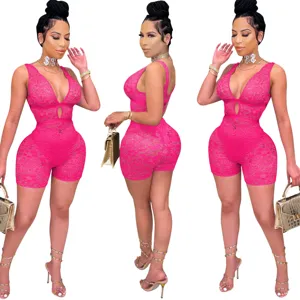 Sexy deep V-neck lace club jumpsuit for women, sleeveless summer romper with stunning pink floral pattern.