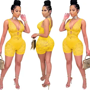 Detailed view of yellow lace romper, sleeveless sexy design, close-up shot for fashion wear.
