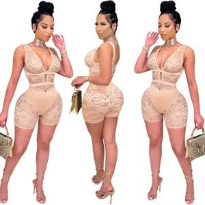 Details of the sexy V-neck lace romper featuring sleeveless design, slim fit, and elegant style.