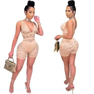Sexy V-neck lace romper for women, elegant slim fit clubwear jumpsuit for party and night out.
