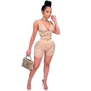 Sexy deep V-neck lace romper for women, fashionable clubwear jumpsuit with sleeveless design.