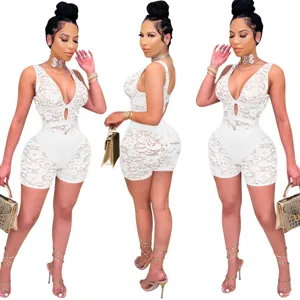 Sexy white lace sleeveless V-neck romper jumpsuit for women, perfect for clubwear and parties.