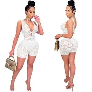 Sexy white lace V-neck romper jumpsuit for women, sleeveless slim fit clubwear outfit.