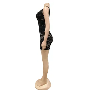 Sexy V-neck black lace nightclub jumpsuit for women, sleeveless slim fit party wear.