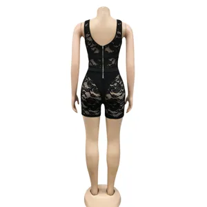 Black lace romper detail view showcasing the intricate back zipper and stylish cutout design.