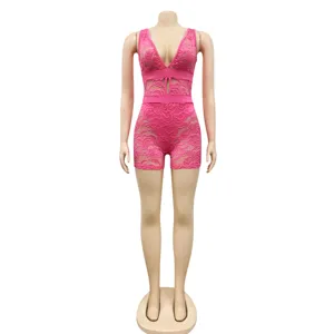 Sexy V-neck lace club jumpsuit for women, hot pink sleeveless romper for party night out.
