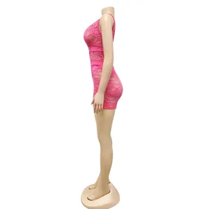 Detail view of sexy pink lace V-neck sleeveless bodycon romper jumpsuit for women fashion party.
