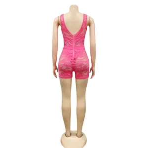 Pink lace sleeveless romper for women, sexy V-neck nightclub bodysuit with back zipper.