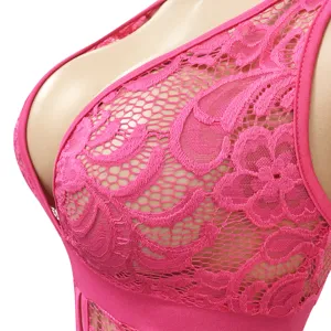Close up detail of women sexy pink lace bodysuit, V-neck mesh fabric, exquisite texture.