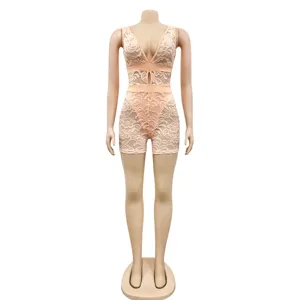 Sexy deep V-neck lace patchwork detail view of women's fashionable slim clubwear romper.