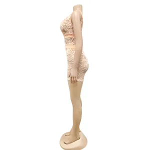 Detailed side view of a sexy peach lace bodycon jumpsuit with sleeveless V-neck design.